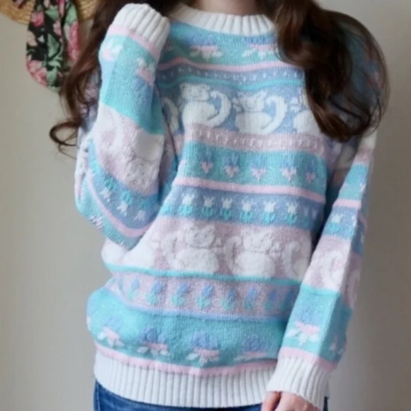 Vintage 1980s Rose Cats Fairy Kei Kawaii Pastel Sweater Sparkle Thread large - Picture 2 of 10